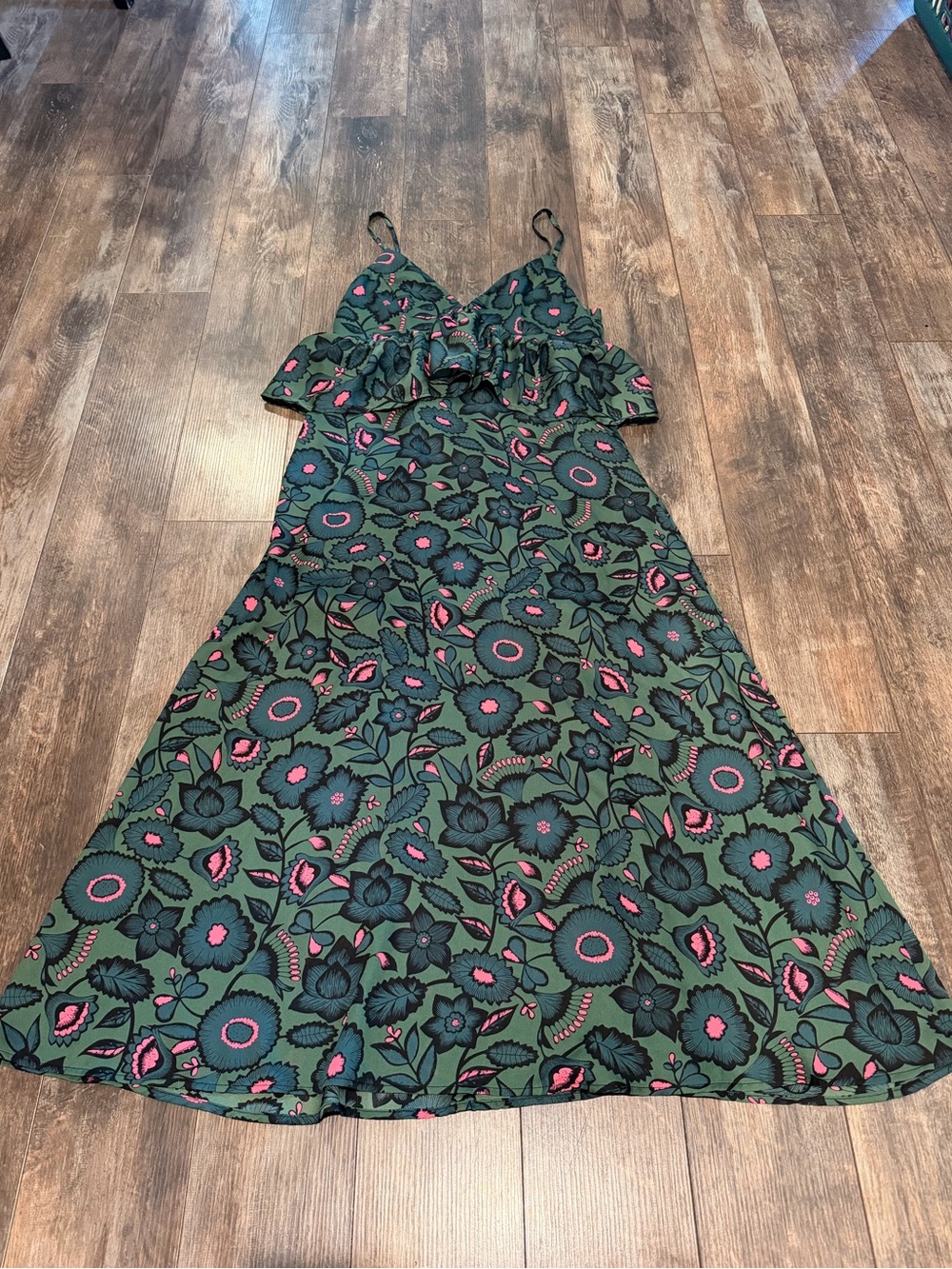 🌺Xtaren Green Floral Maxi Dress with Pink Highlights